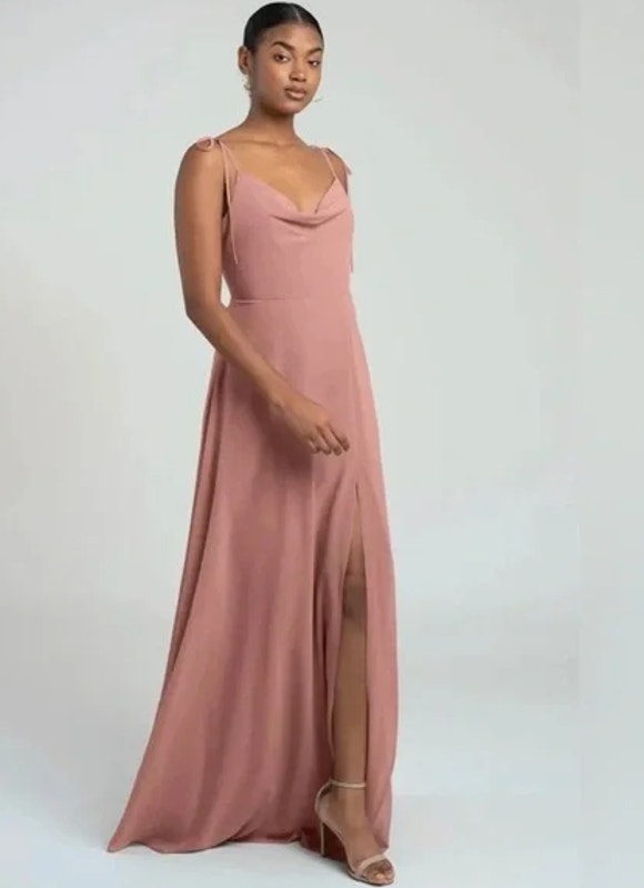 Jenny Yoo Brinley Maxi Dress Cowl Neck Tie Strap Chiffon Bridesmaid Gown Clay